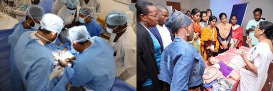 Left photo: surgery training session. Right photo: anaesthetic training session.