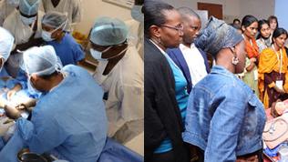 Left photo: surgery training session. Right photo: anaesthetic training session.