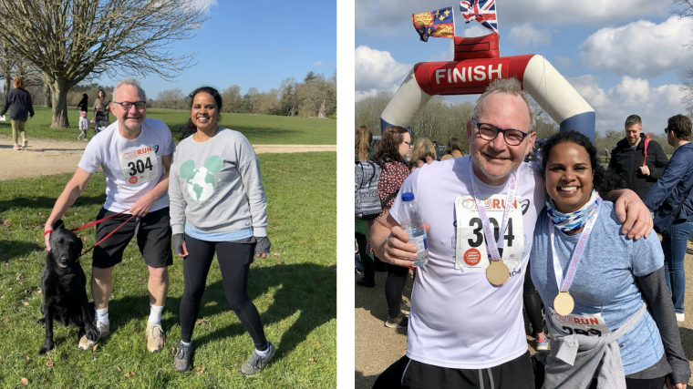 Professor Chris Lavy and Dr Shobhana Nagraj before and after the OX5 Run .